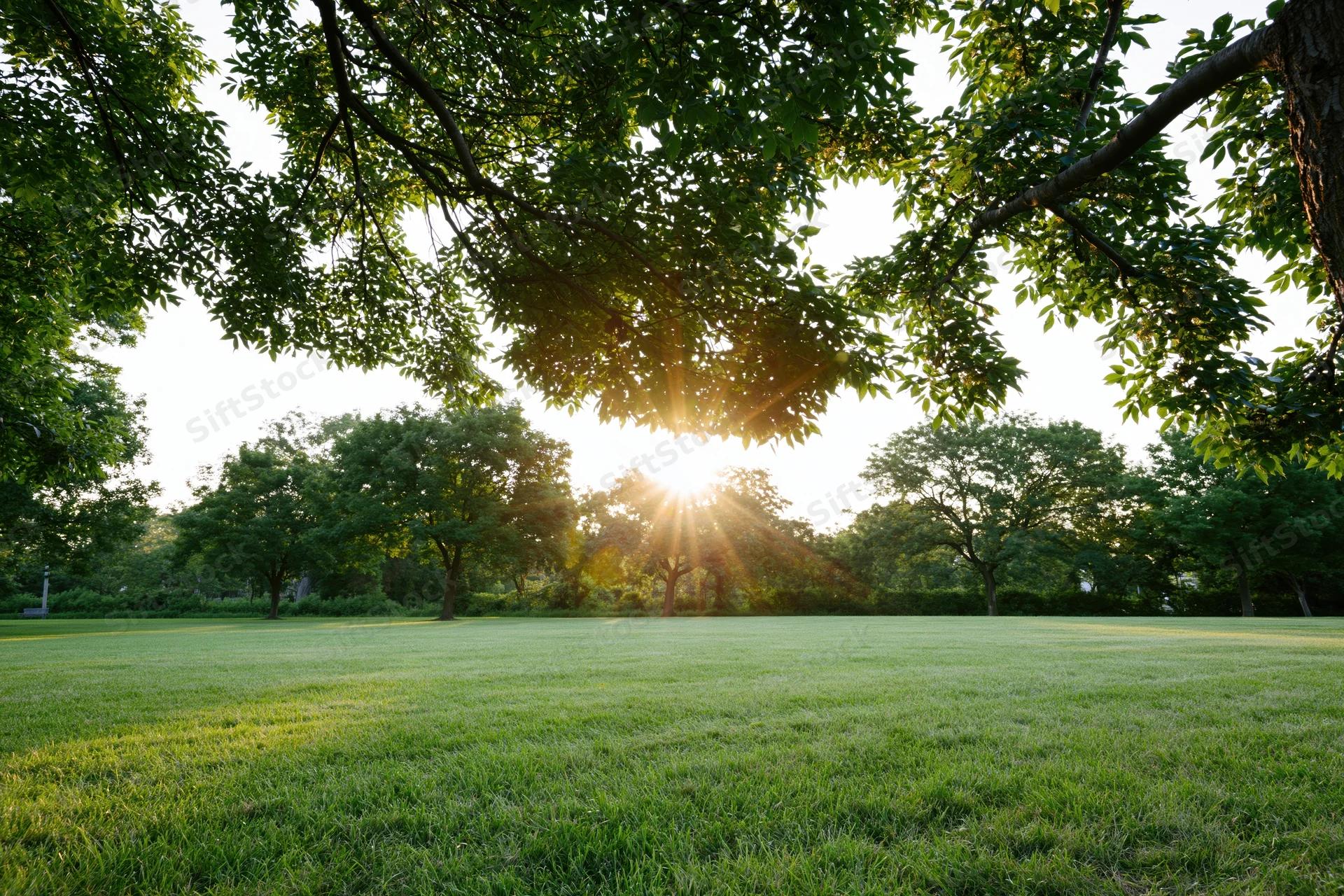 Sunlight bursting through overhanging tree canopy over a grassy park field