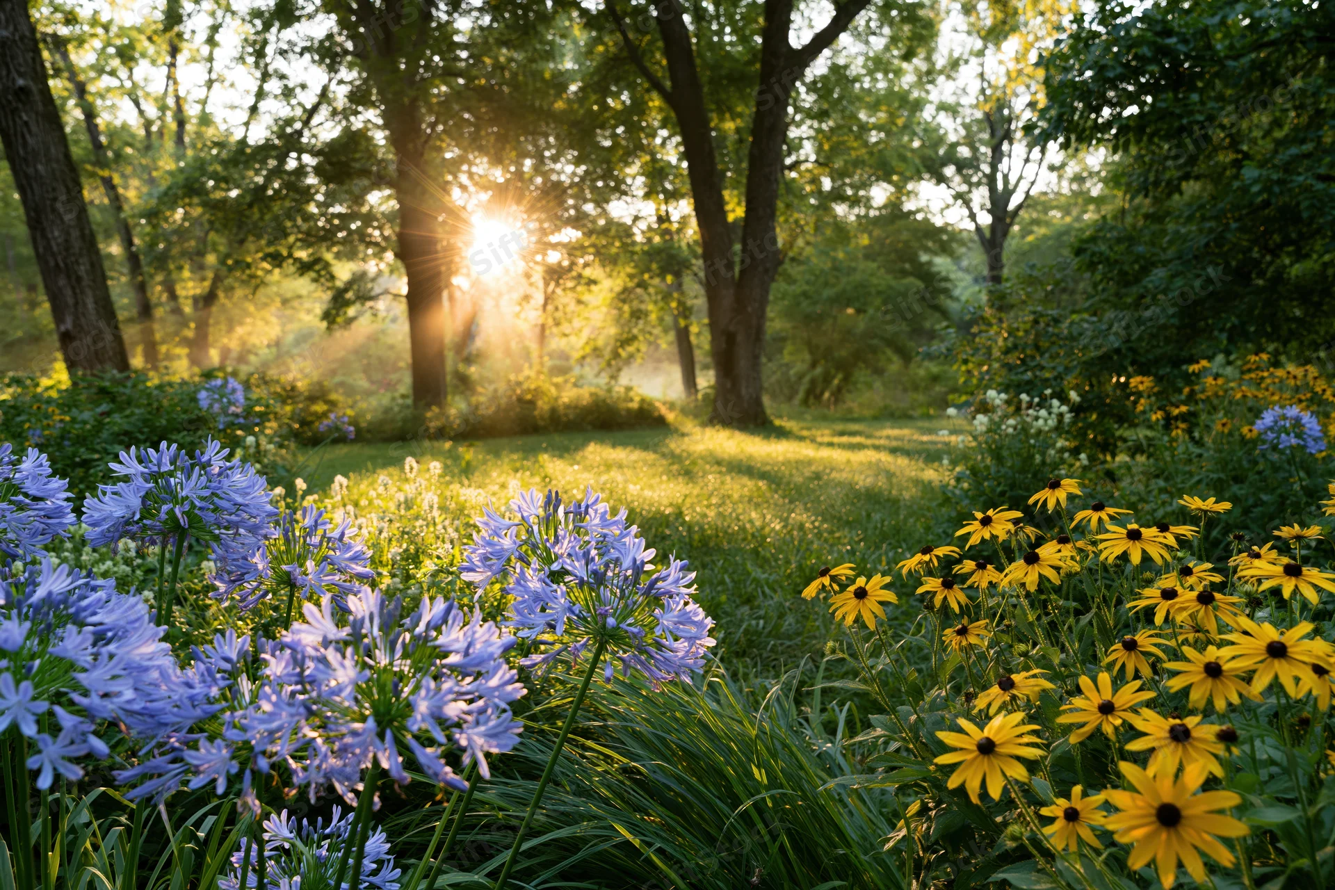 Sunlit garden clearing with blue agapanthus and yellow black-eyed susans among green trees and grass
