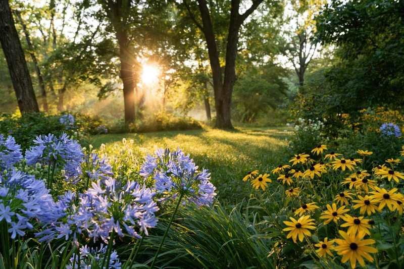 Sunlit garden clearing with blue agapanthus and yellow black-eyed susans among green trees and grass