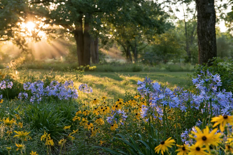 Sunlit garden clearing with blue agapanthus and yellow blackeyed susan flowers among trees and green grass