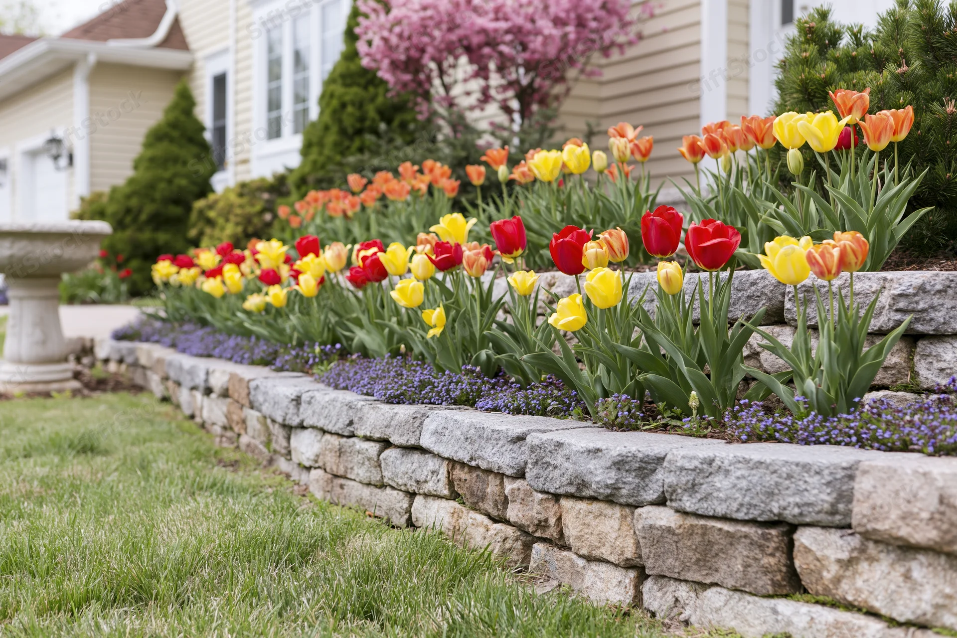 Colorful tulips blooming in a terraced front yard garden with stacked stone retaining walls