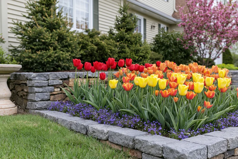 Terraced front yard garden with stacked stone retaining walls and colorful tulips blooming in spring