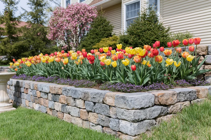 Colorful tulips blooming in a stone retaining wall garden bed in front of a house