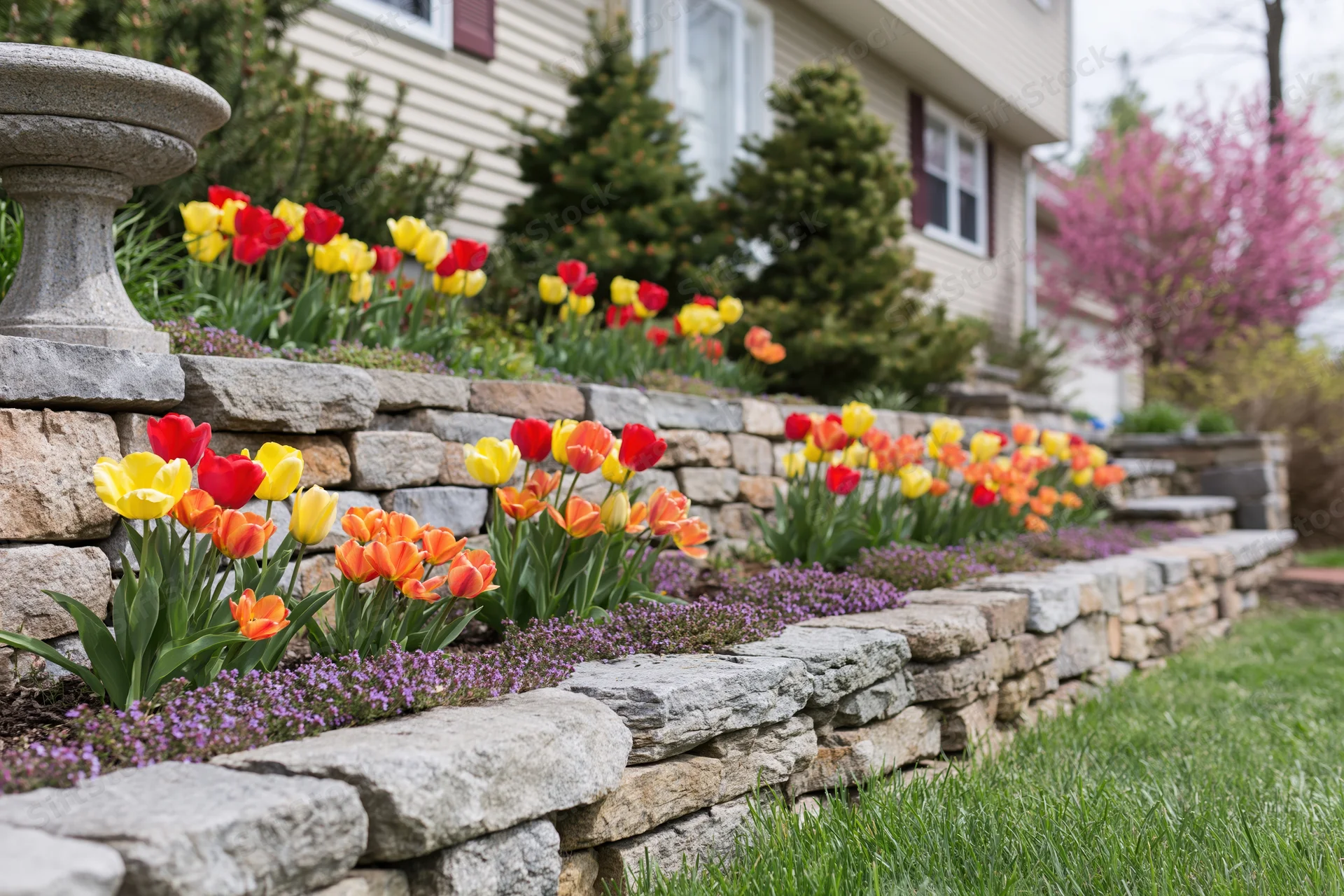 Terraced front yard garden with stacked stone retaining walls and blooming tulips