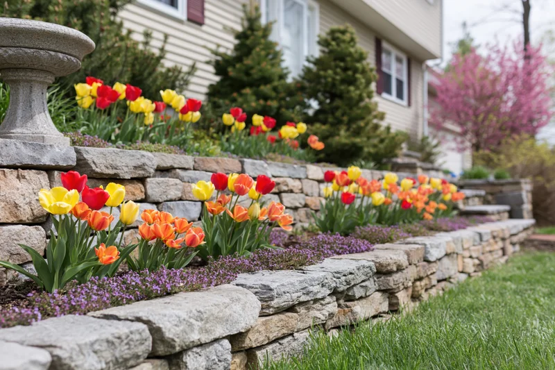 Terraced front yard garden with stacked stone retaining walls and blooming tulips