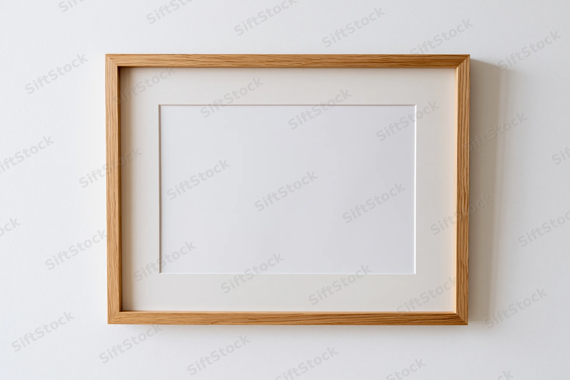 Light oak wooden picture frame with blank white interior hanging on a white wall