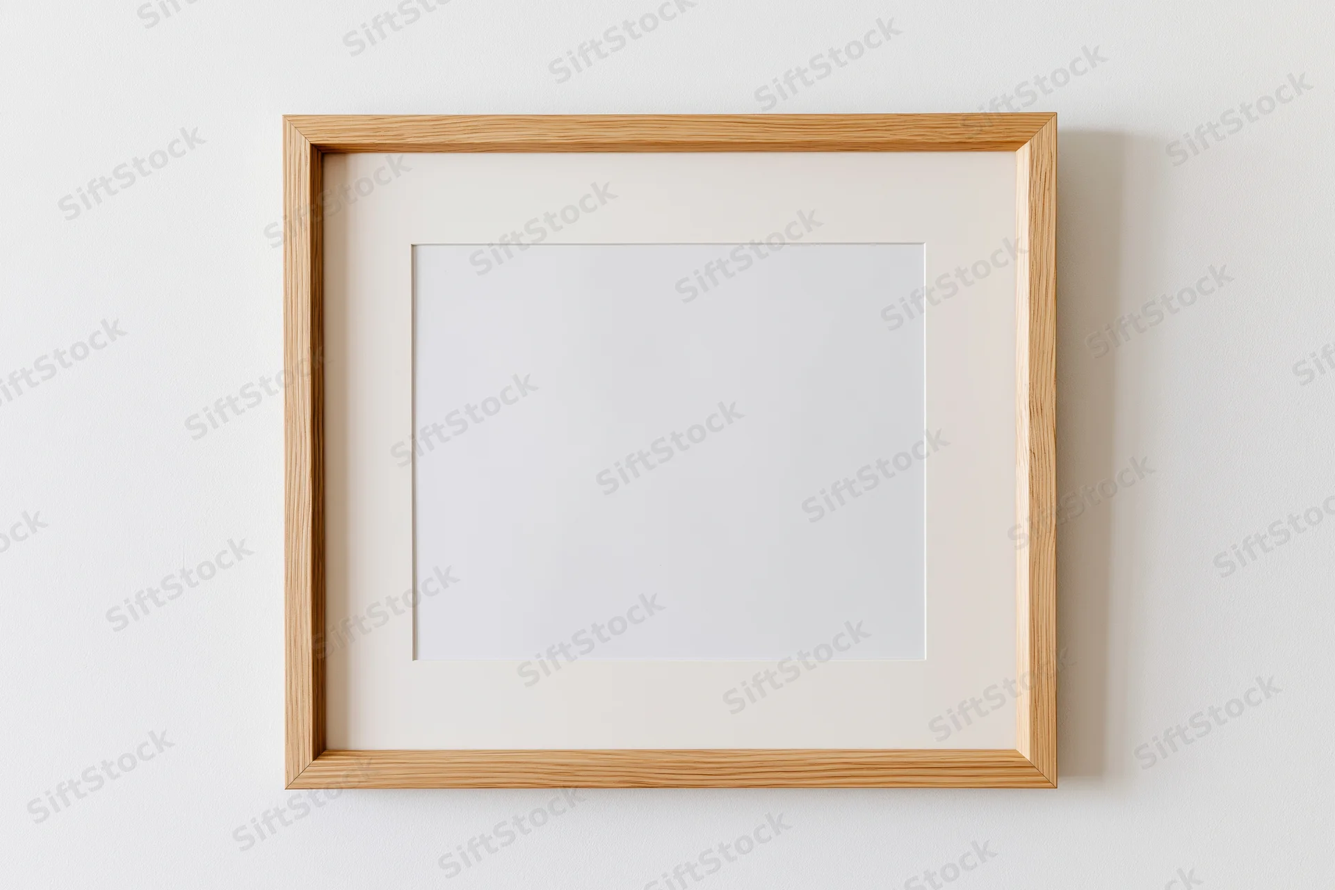 Light oak wooden picture frame with blank white interior hanging on a white wall