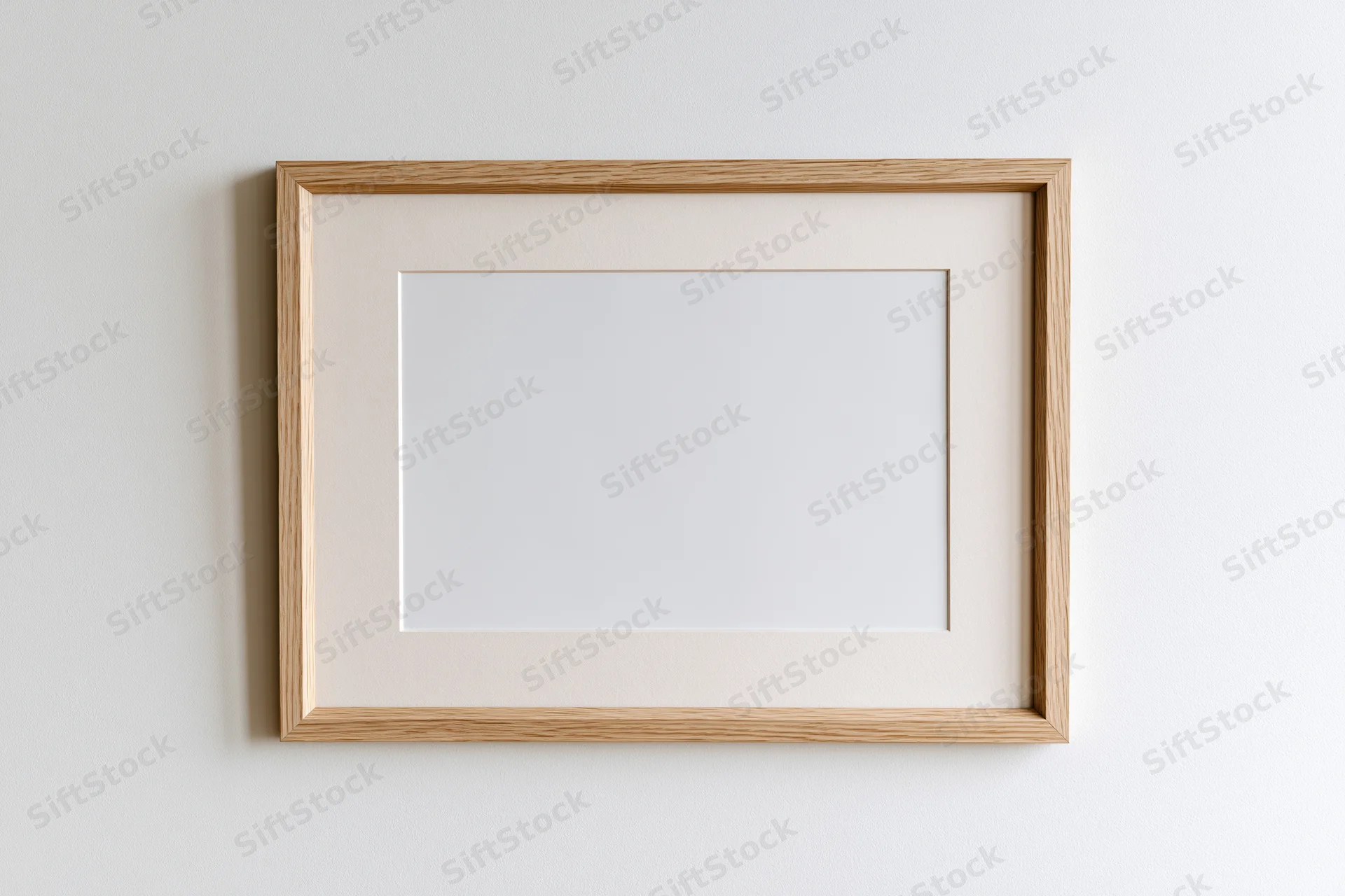 Light oak wooden picture frame with blank white interior hanging on a white wall