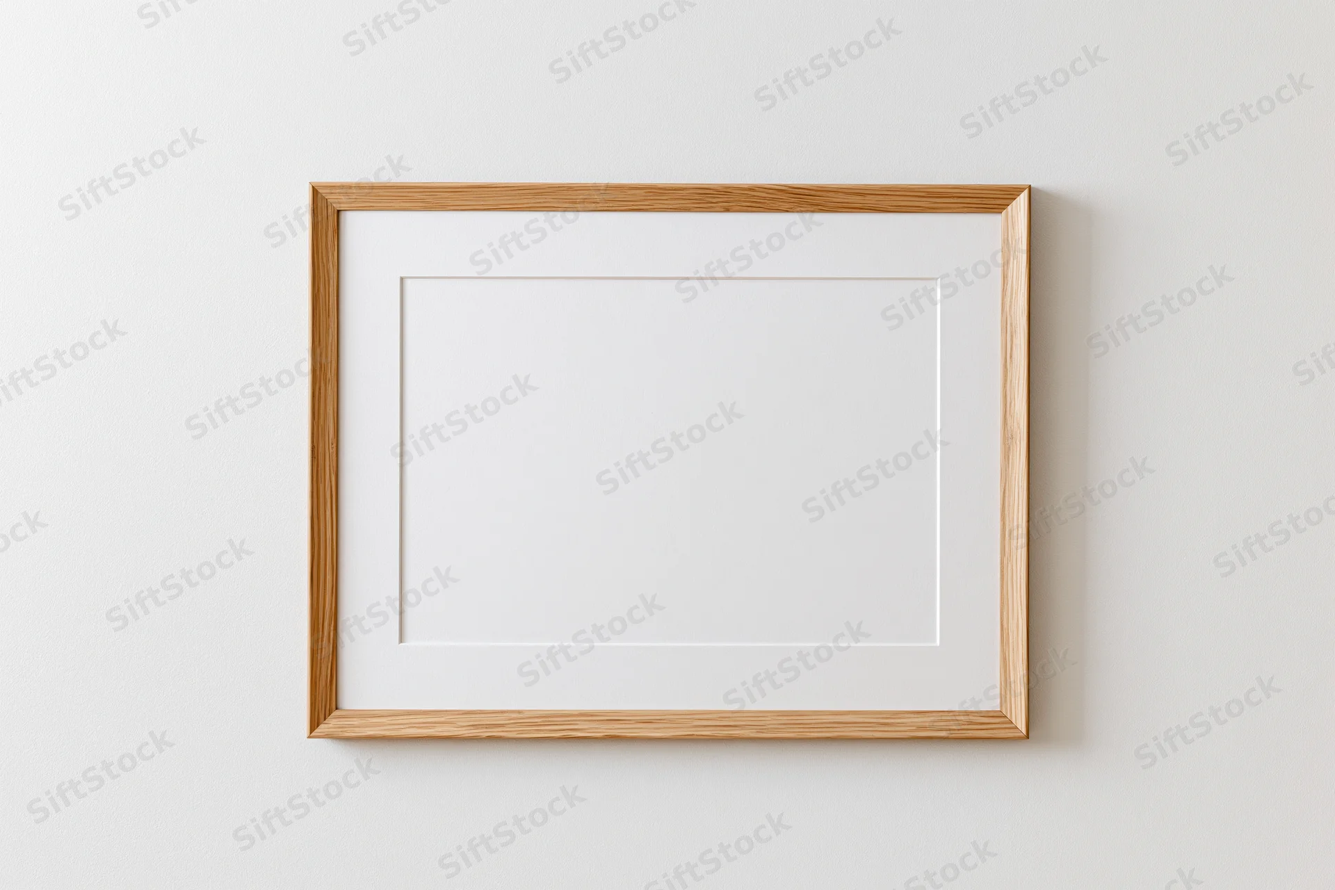 Wooden picture frame with white mat hanging on a plain wall