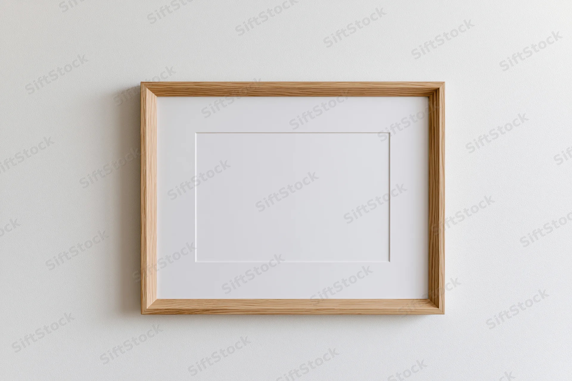 Light oak wooden picture frame with white mat hanging on a plain white wall