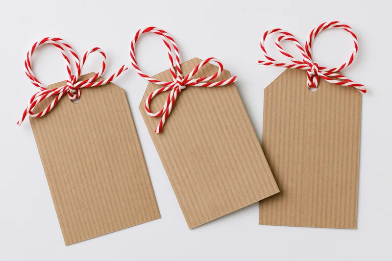 Three blank kraft paper gift tags with red and white string bows arranged side by side on white background