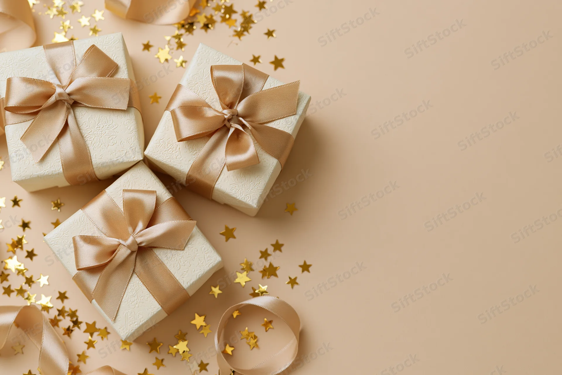 Three cream gift boxes with gold satin ribbons and star confetti on beige surface