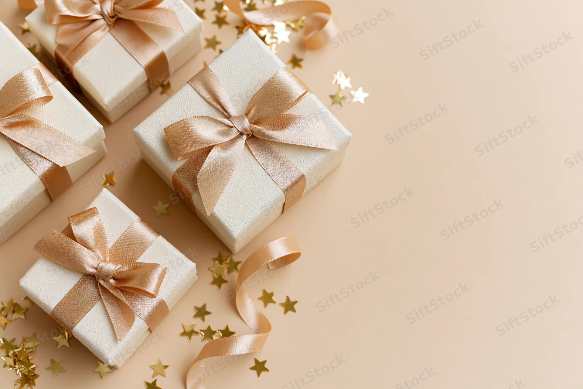Cream gift boxes with gold satin ribbons and star confetti on beige surface