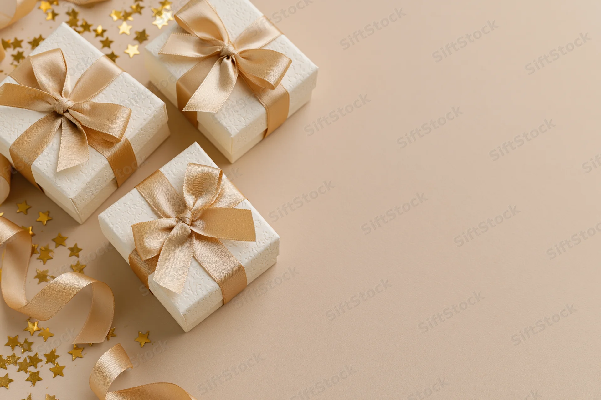 Cream gift boxes with gold satin ribbons and star confetti on beige surface
