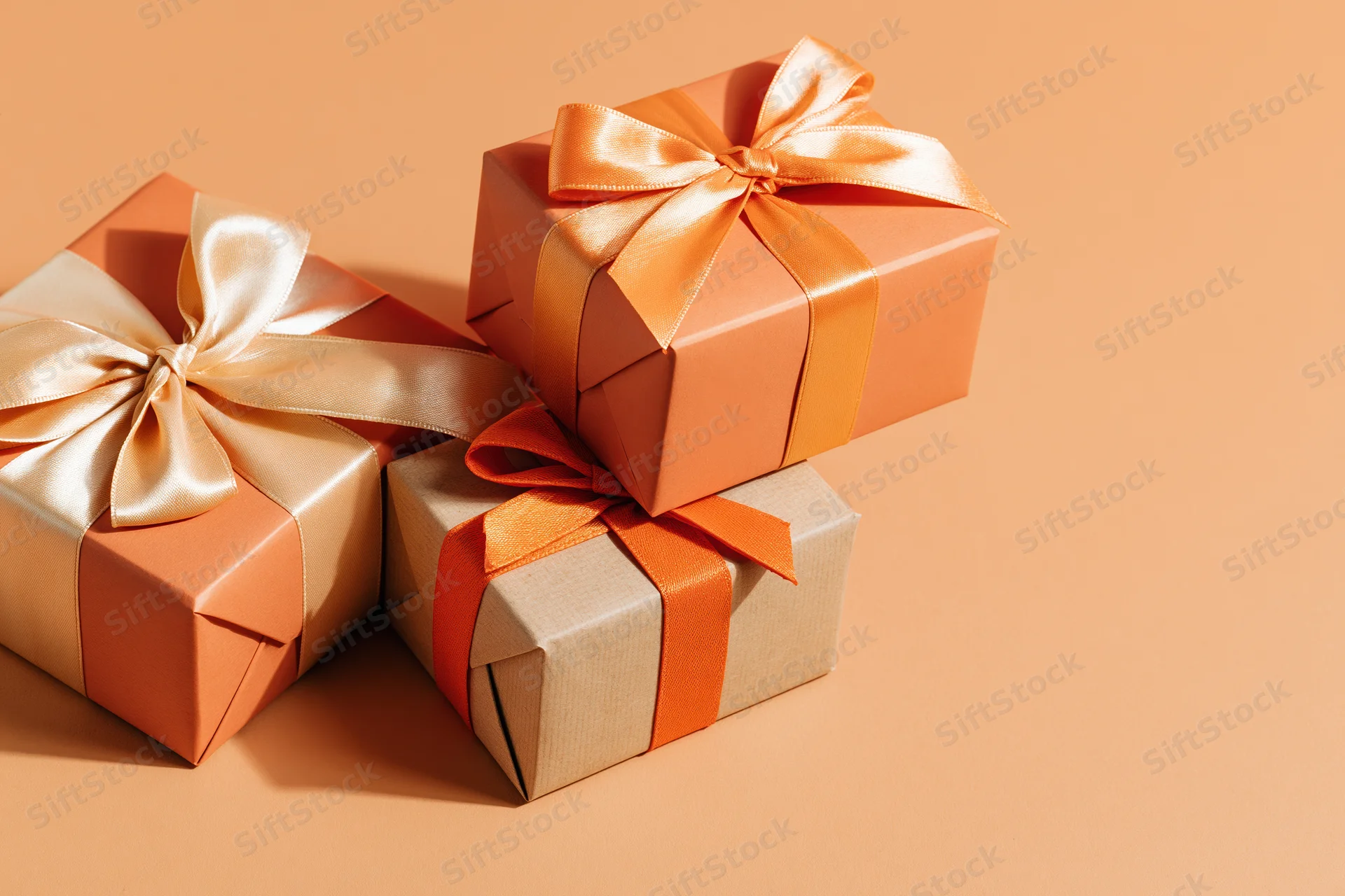 Three gift boxes wrapped in orange and beige paper with satin ribbons arranged on a flat orange surface