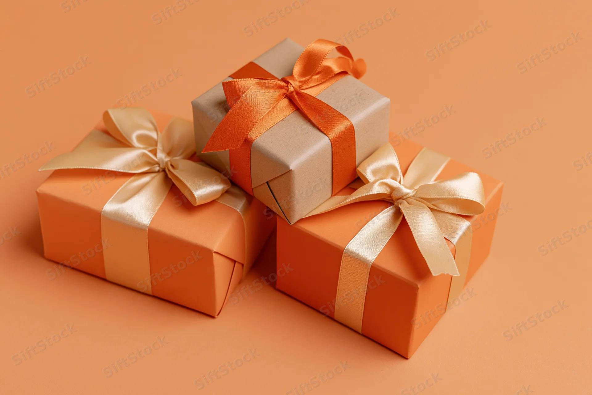 Three gift boxes wrapped in orange and beige paper with satin ribbons arranged on an orange surface