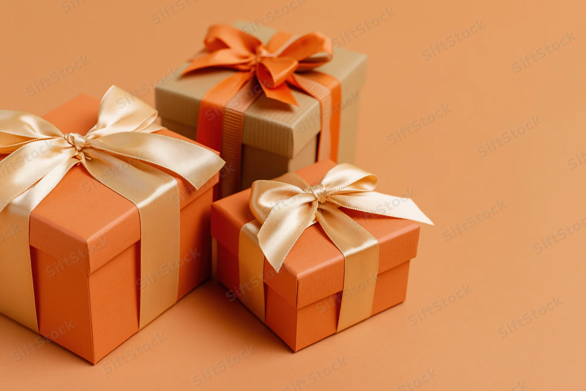 Three gift boxes wrapped with ribbons and bows arranged on an orange surface