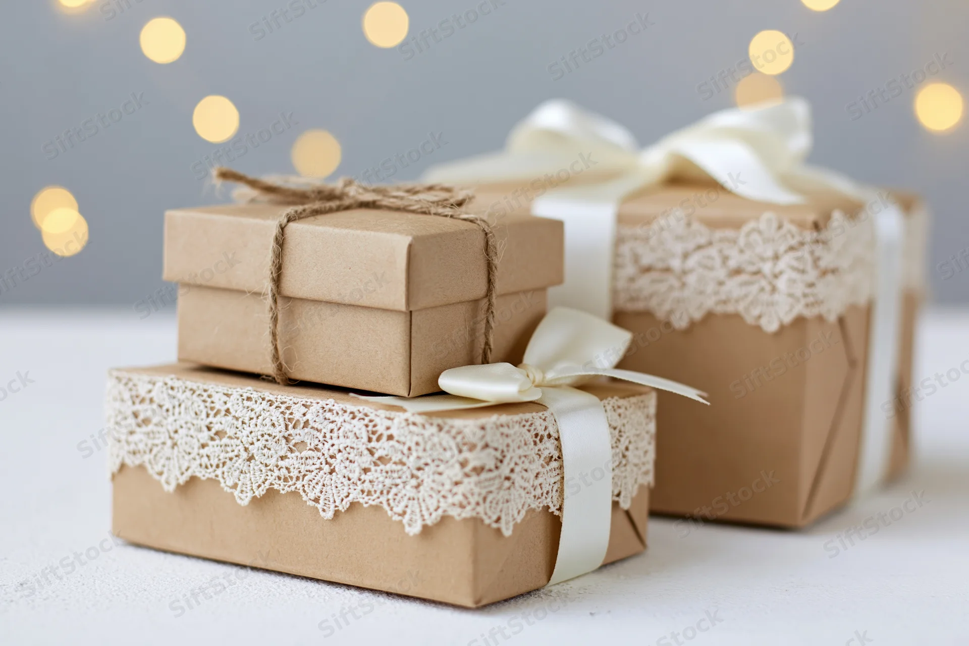 Three kraft paper gift boxes stacked and arranged on a white surface with lace and ribbon decorations, soft bokeh lights in background