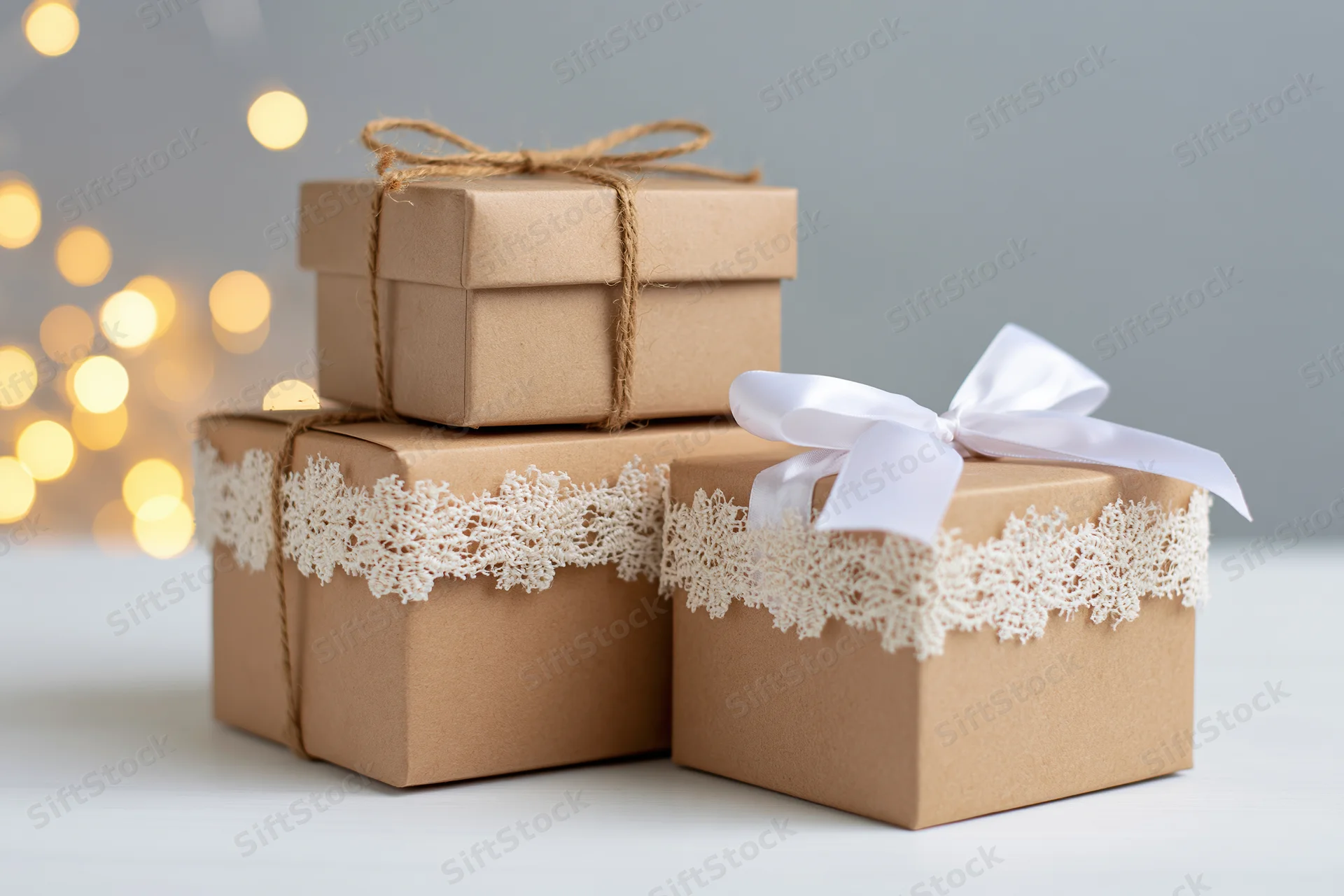 Three kraft paper gift boxes stacked and arranged on a white surface with lace and ribbon decorations and warm bokeh lights in the background