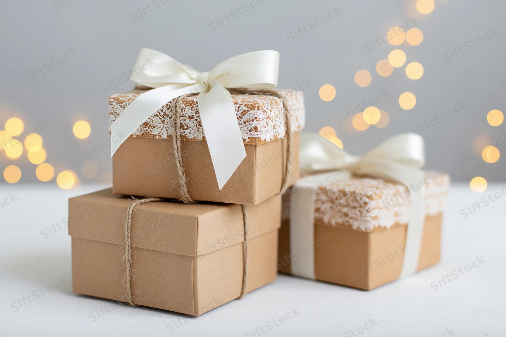 Three kraft paper gift boxes stacked and arranged on a white surface with decorative ribbon bows and bokeh lights in the background
