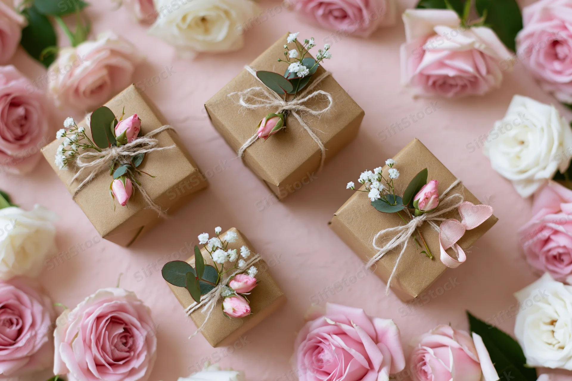 Four kraft paper gift boxes decorated with roses and baby's breath on a pink surface