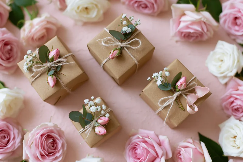 Four kraft paper gift boxes decorated with roses and baby's breath on a pink surface