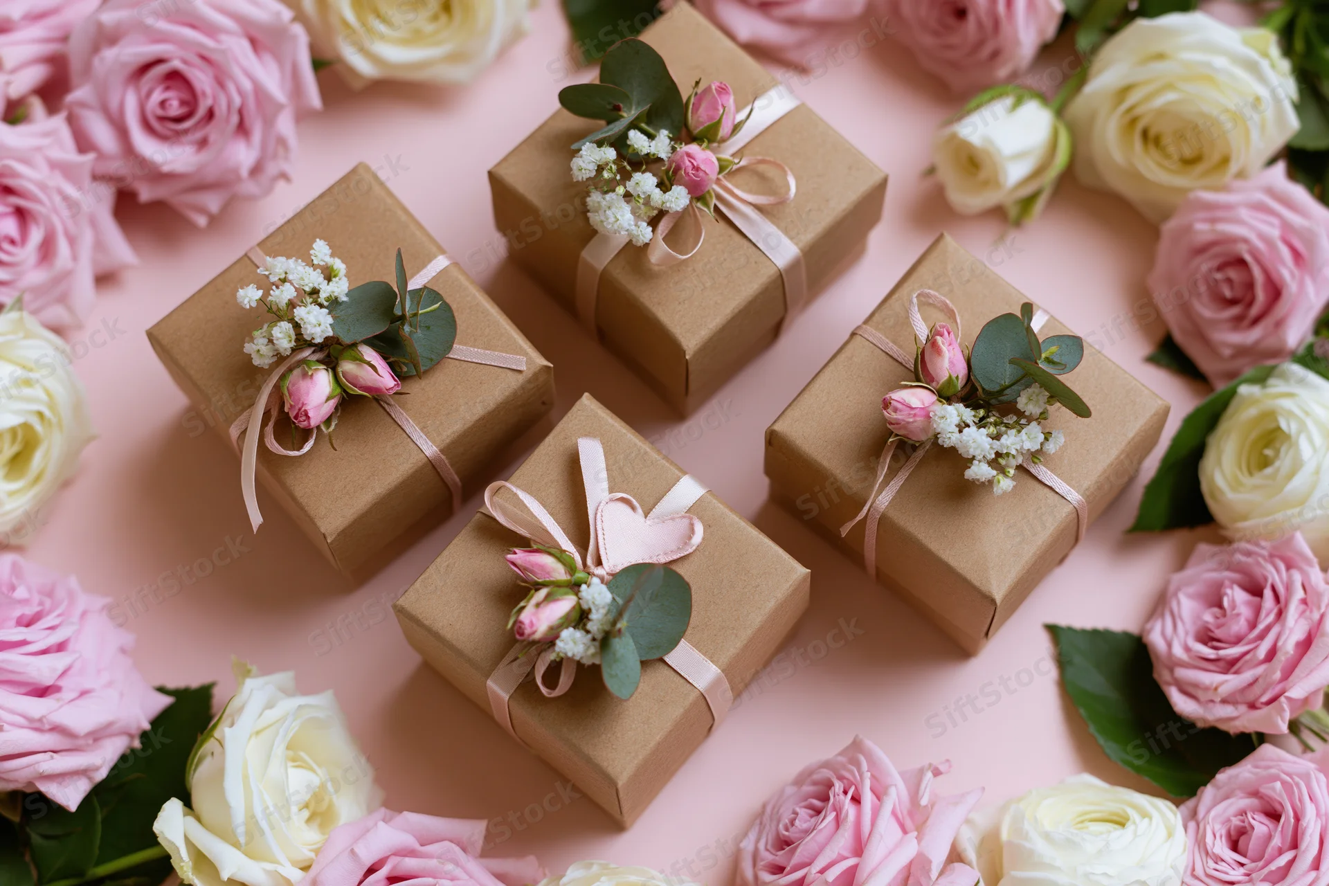 Four kraft paper gift boxes decorated with pink and white roses and ribbons arranged on a pink surface
