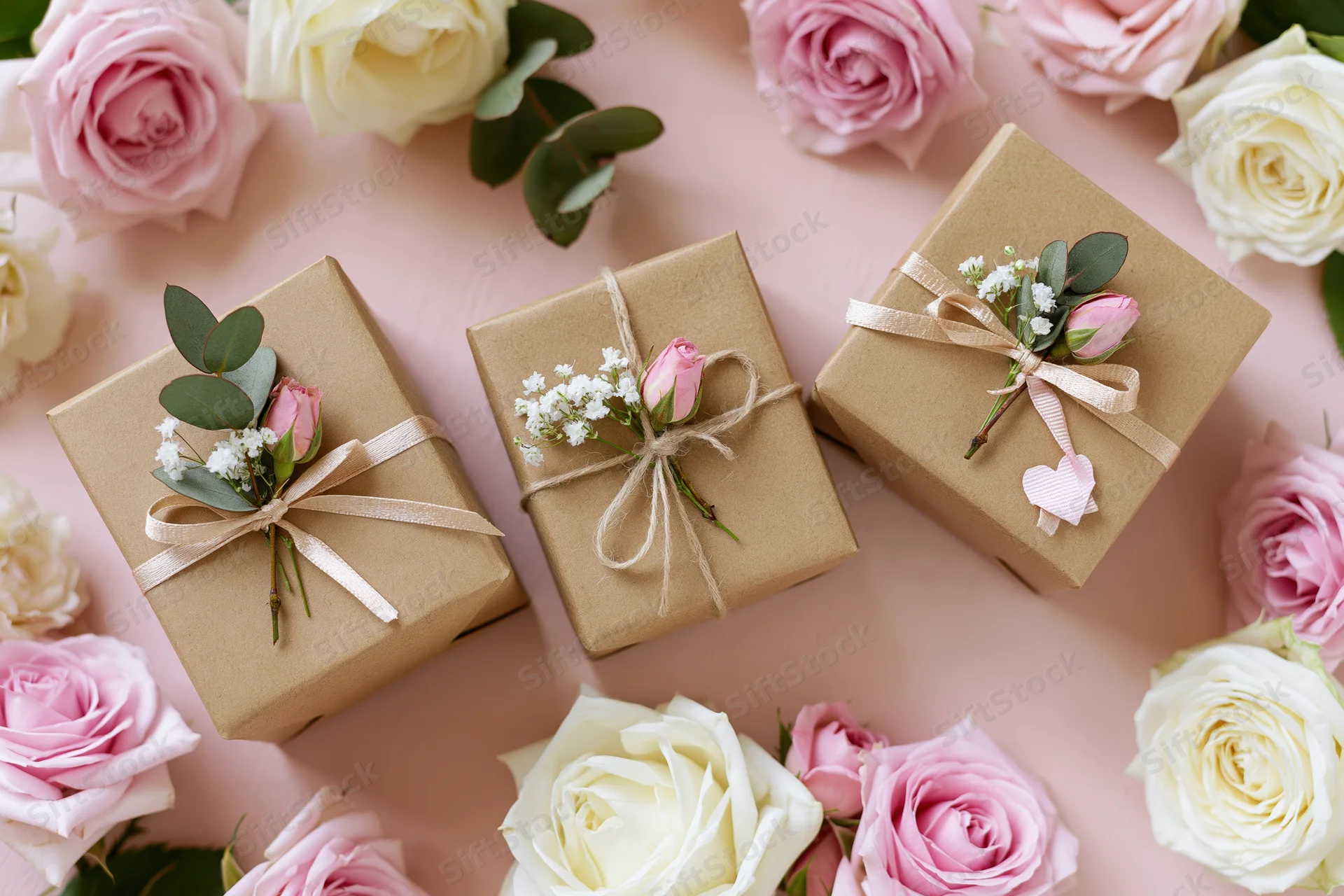 Three kraft paper gift boxes decorated with pink roses and ribbons arranged on a pink surface surrounded by flowers