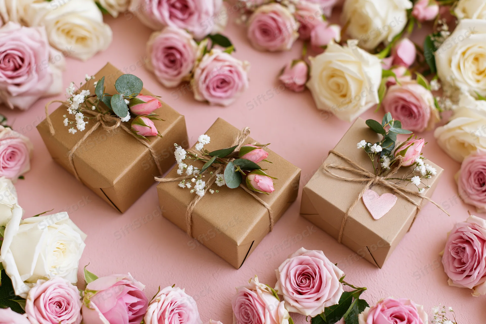 Three kraft paper gift boxes decorated with flowers and ribbon on a pink surface surrounded by roses