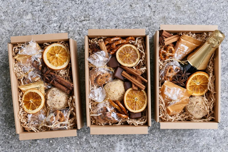 Three open kraft gift boxes filled with assorted holiday treats and dried fruit arranged on a stone surface