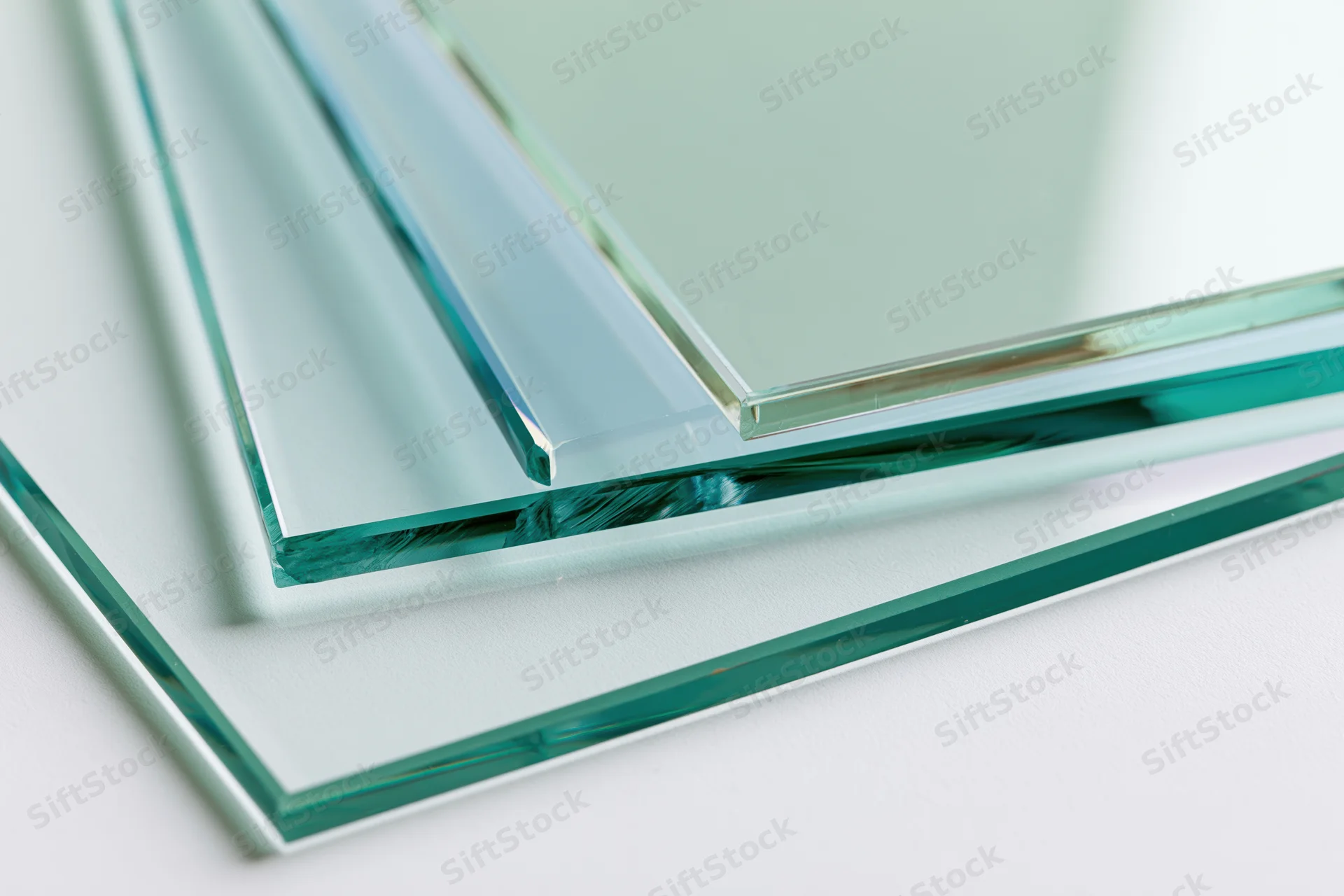Overlapping tinted glass panels fanned out on a white surface