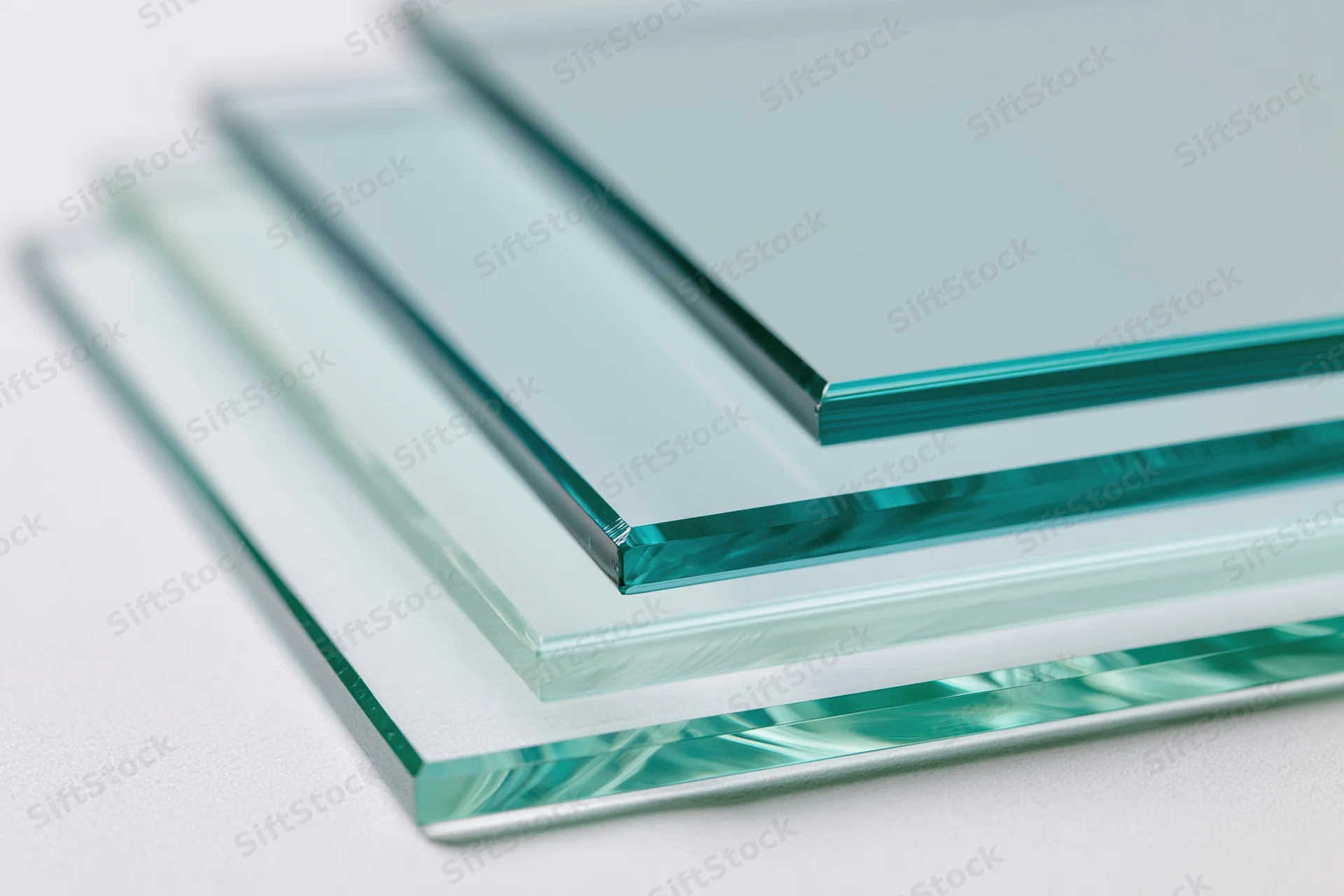 Three overlapping tinted glass panels fanned out on a white surface