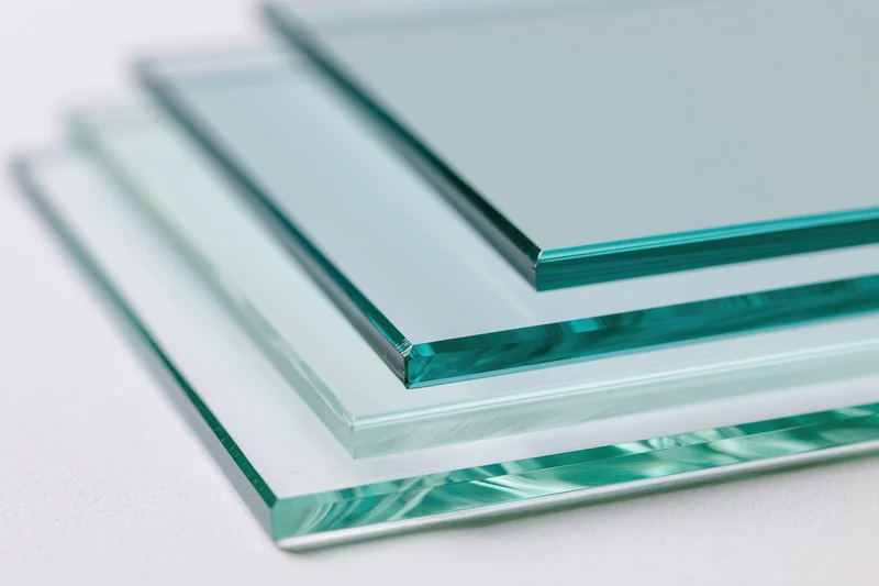 Three overlapping tinted glass panels fanned out on a white surface