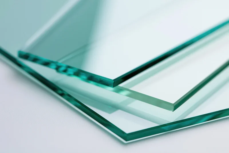 Three overlapping tinted glass panels fanned out on a white surface