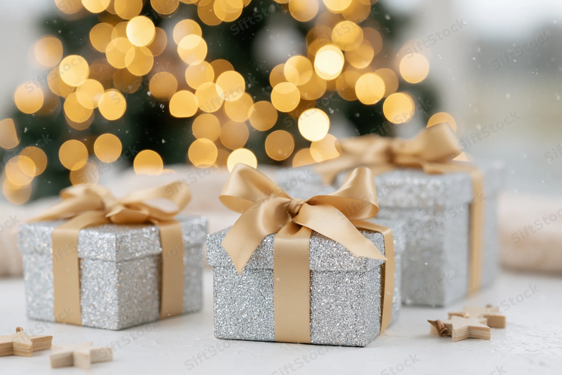 Three silver glitter gift boxes with gold satin ribbon bows on a white surface in front of a blurred christmas tree with warm bokeh lights