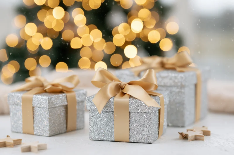 Three silver glitter gift boxes with gold satin ribbon bows on a white surface in front of a blurred christmas tree with warm bokeh lights