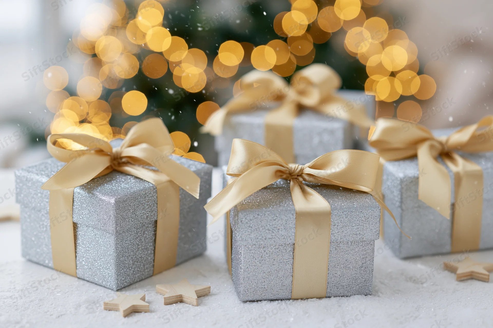 Silver glitter gift boxes with gold satin ribbon bows arranged on snowy surface near blurred christmas tree lights