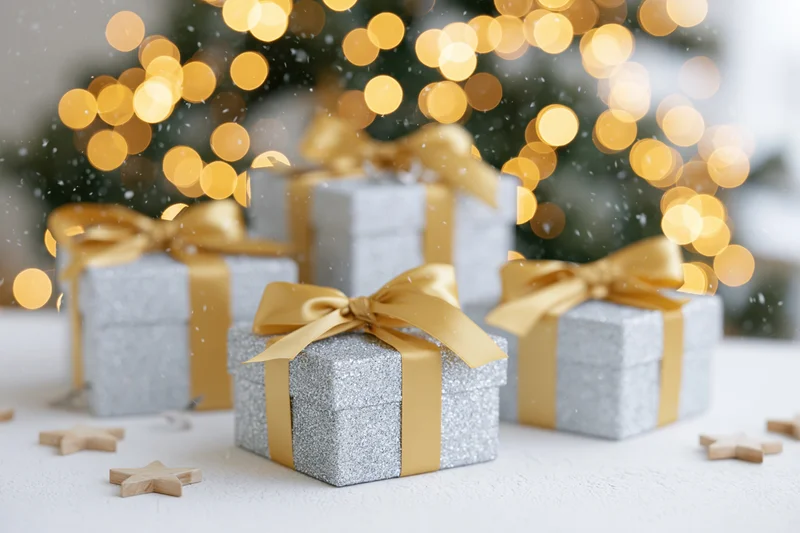 Silver glitter gift boxes with gold satin ribbon bows arranged on a white surface in front of blurred christmas lights and scattered wooden stars