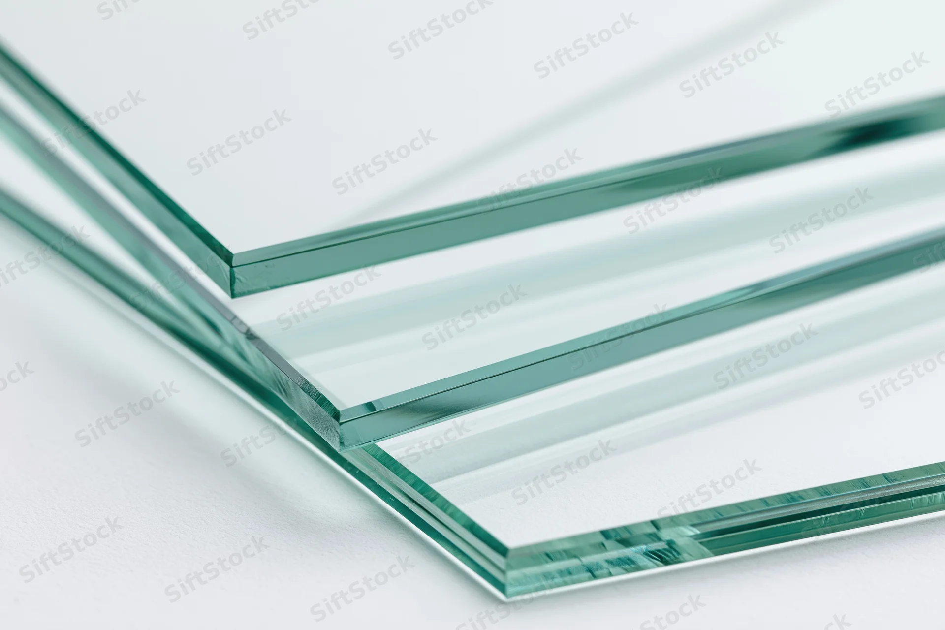 Stacked transparent glass sheets fanned out on white surface