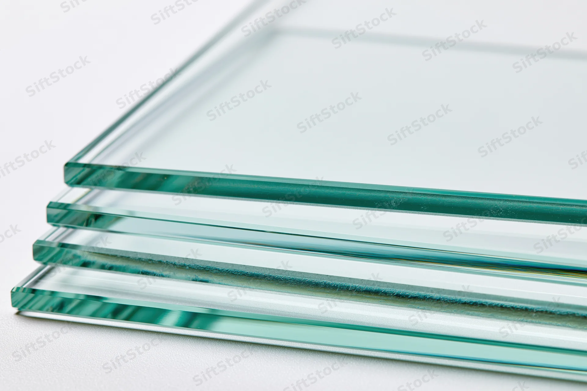 Stacked transparent glass sheets fanned out on white surface
