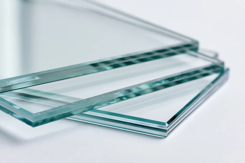 Stacked transparent glass sheets fanned out on a white surface