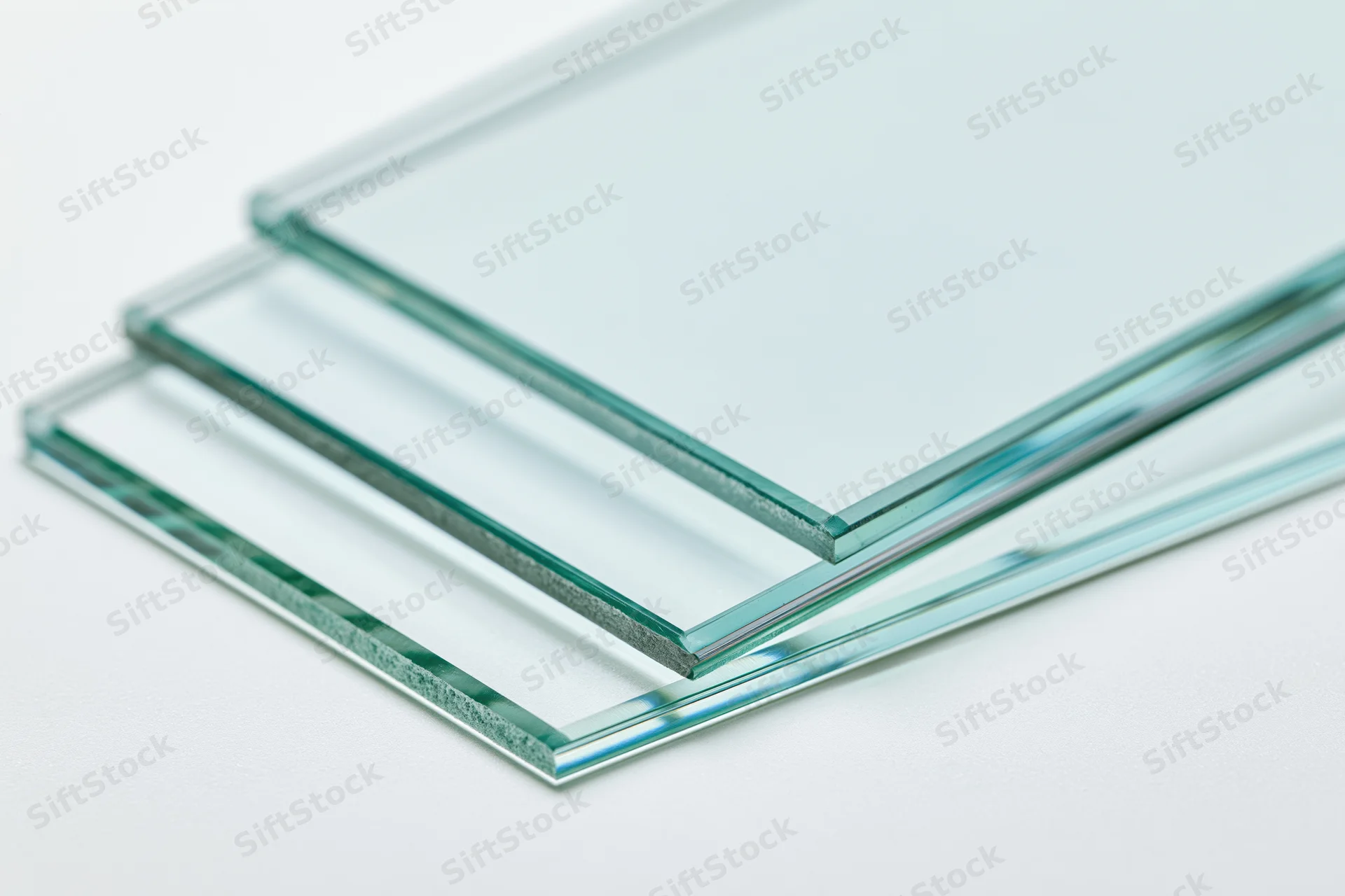 Three stacked transparent glass sheets fanned out on a white background