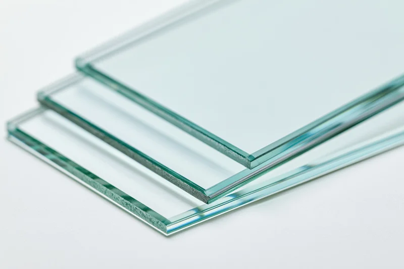 Three stacked transparent glass sheets fanned out on a white background
