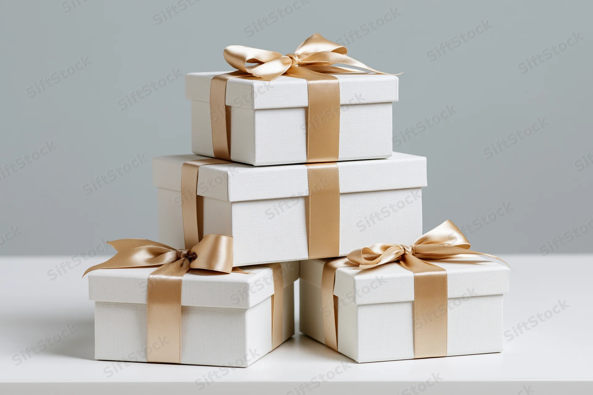 White gift boxes stacked in pyramid with gold ribbons on a table