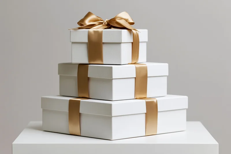Three white gift boxes stacked in pyramid arrangement on white pedestal with gold satin ribbon bows