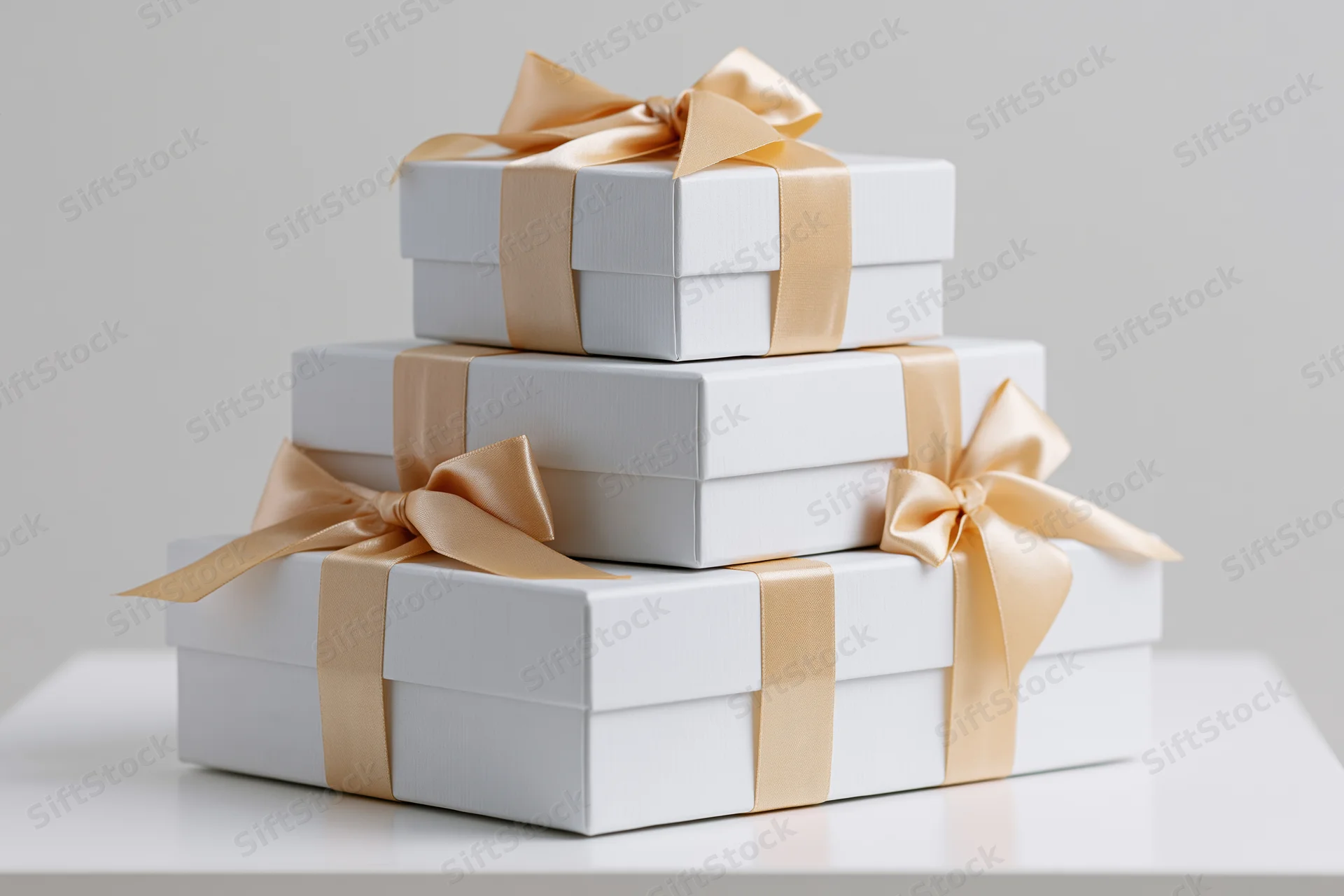 Three white gift boxes stacked in pyramid shape on white surface with beige ribbons