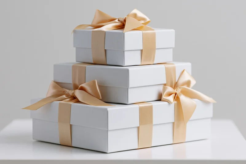 Three white gift boxes stacked in pyramid shape on white surface with beige ribbons