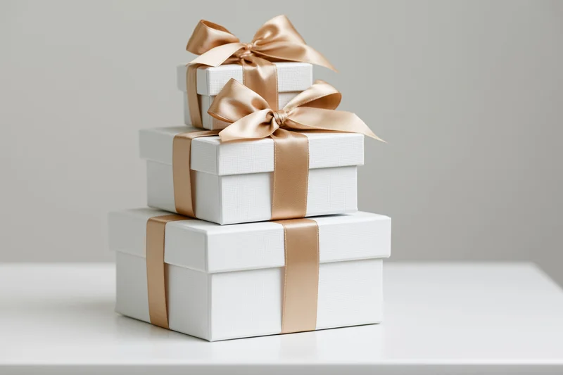 Three white gift boxes stacked in pyramid shape with gold satin ribbons on a white surface