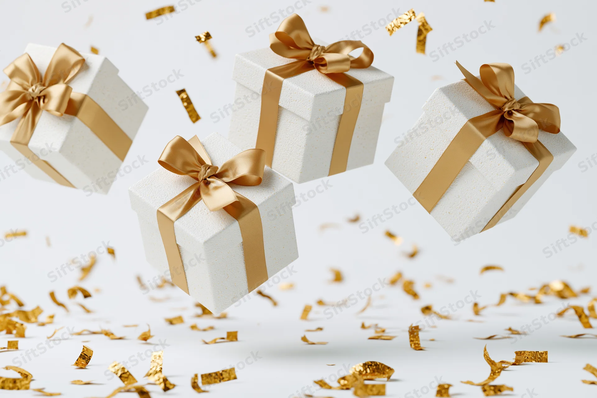 White gift boxes with gold ribbons floating amidst golden confetti on a plain white background