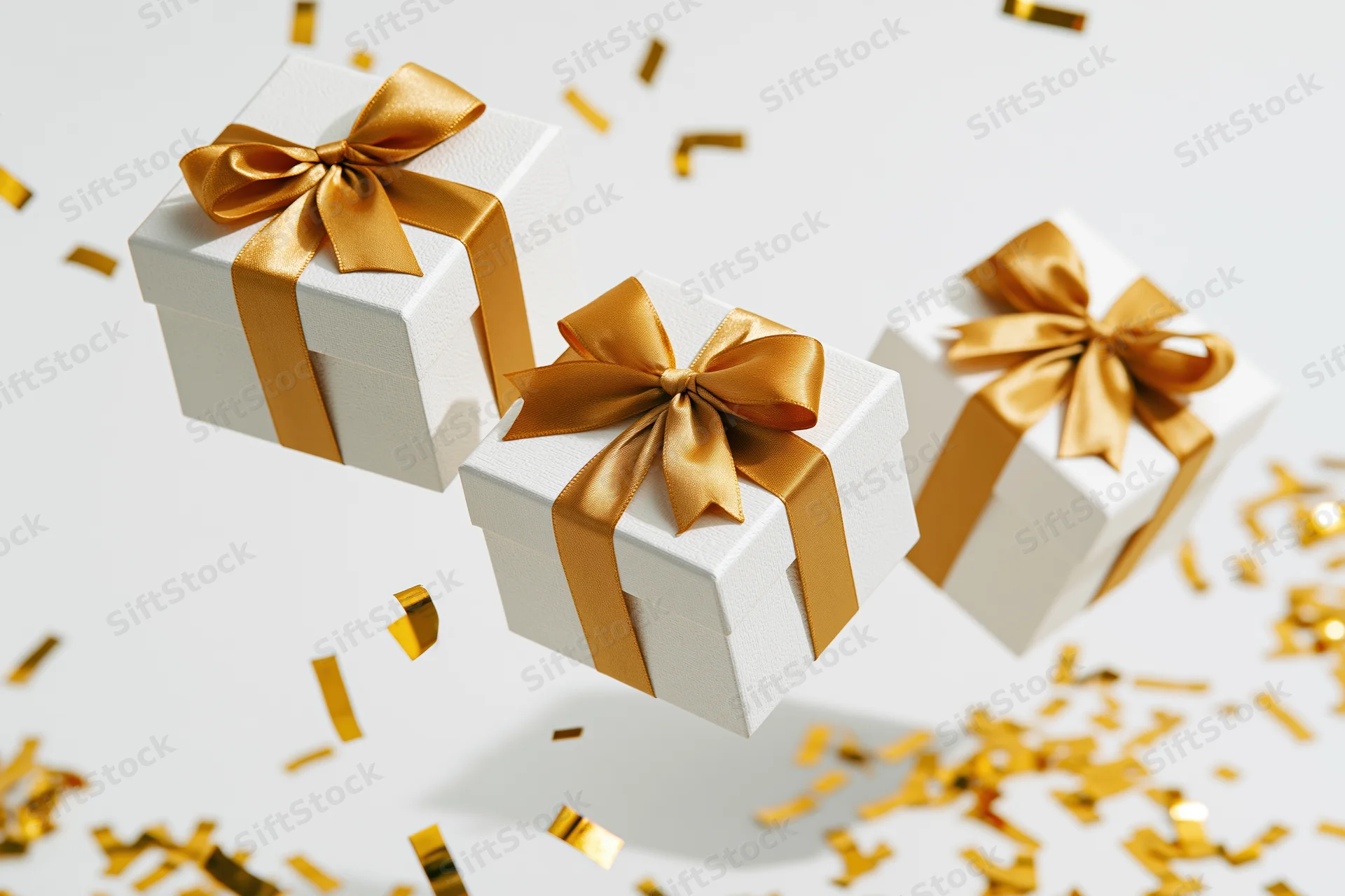 Three white gift boxes with gold satin ribbons and bows floating among scattered golden confetti on a white background